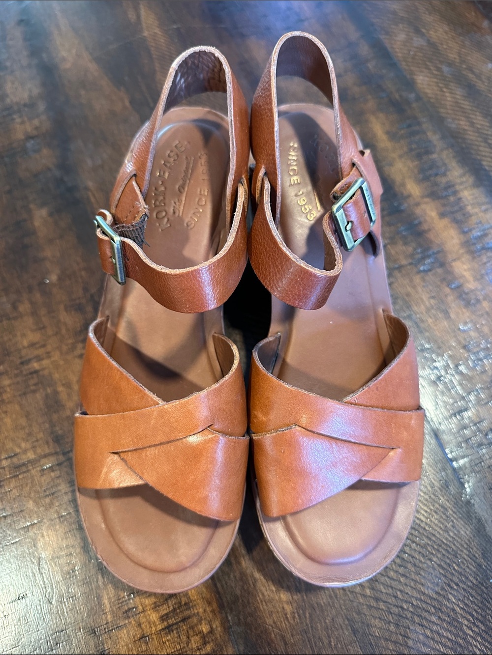 Kork-Ease Brown Leather Crisscross Buckle Sandals